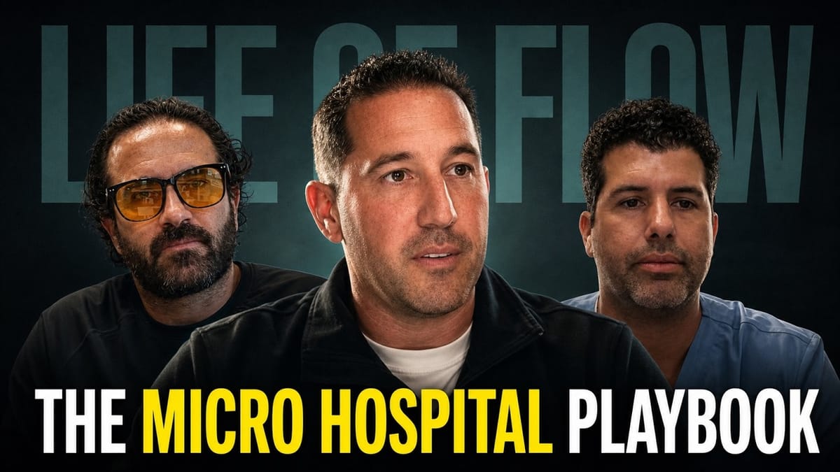 Life of Flow episode 128 thumbnail: Dr. Adriano Goffi with Dr. Miguel Montero-Baker and Dr. Lucas Ferrer with the title The Micro Hospital Playbook